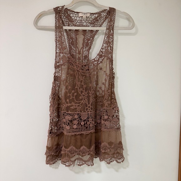 Umgee Tops - Umgee Crochet Lace Mesh Tank Top Womens M/L Brown Racerback Boho | Cottagecore